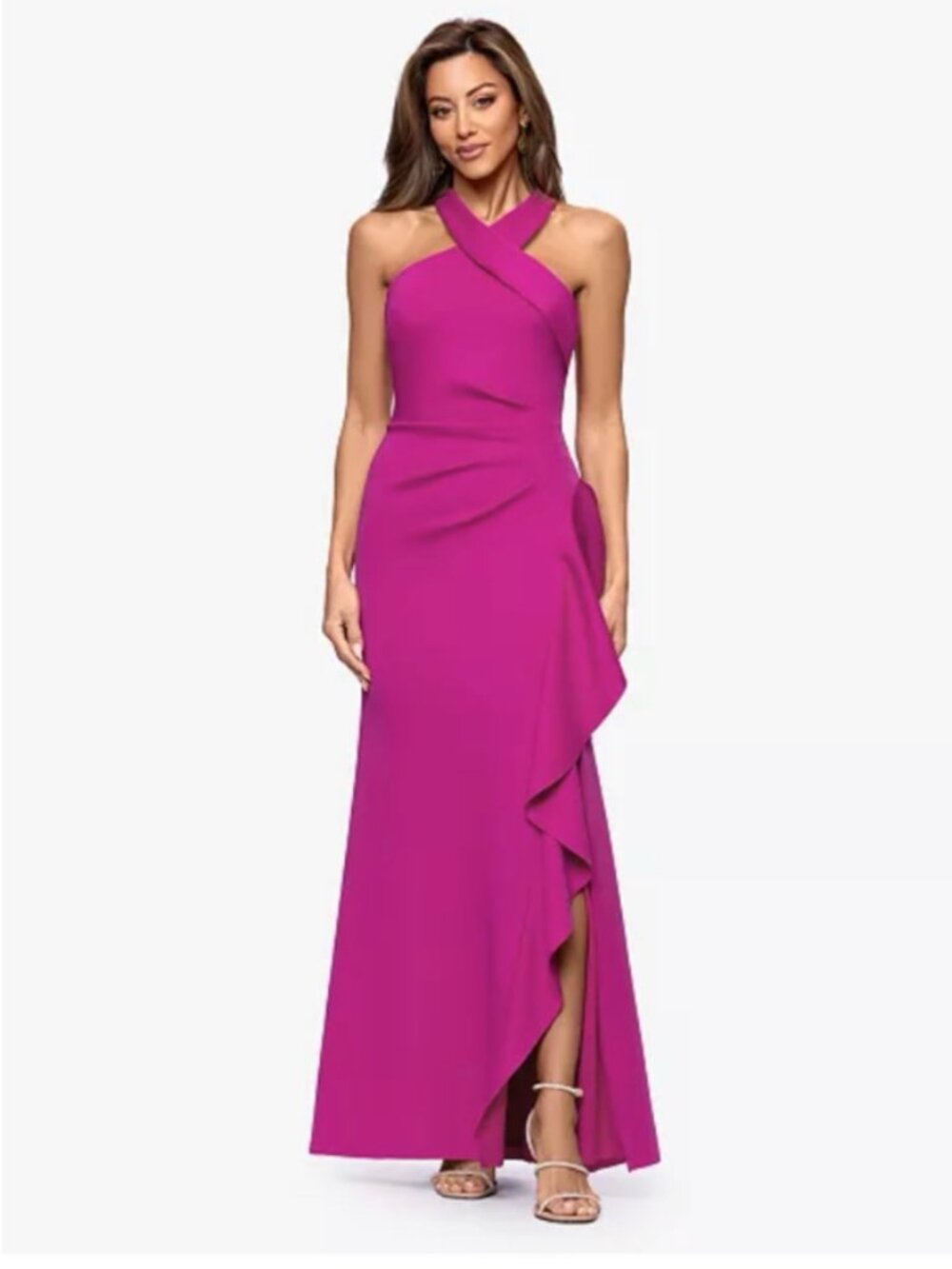 XSCAPE Petite Cross-Neck Ruffle Gown